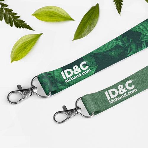 our eco friendly lanyards on a white background with some foliage 