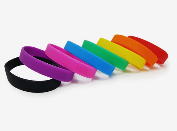 a product shot of our plain silicone writbands displaying the color choices 