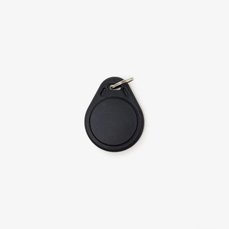 Black plastic RFID key fob in a teardrop shape, shown from the front with a metal keyring attached, on a white background.