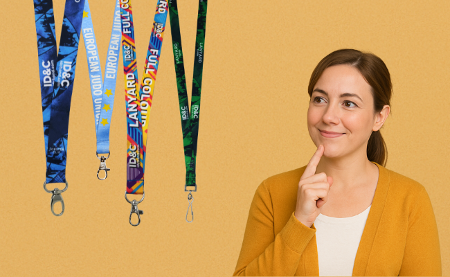 Four custom printed lanyards in various colours and branding styles, displayed next to a smiling woman in a mustard jumper thinking thoughtfully