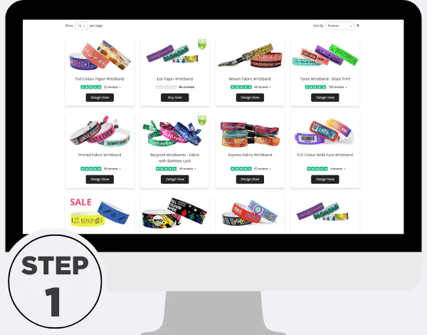 Computer screen displaying various wristband options including Tyvek, vinyl, silicone, and fabric, illustrating the first step of choosing material and style for event wristbands