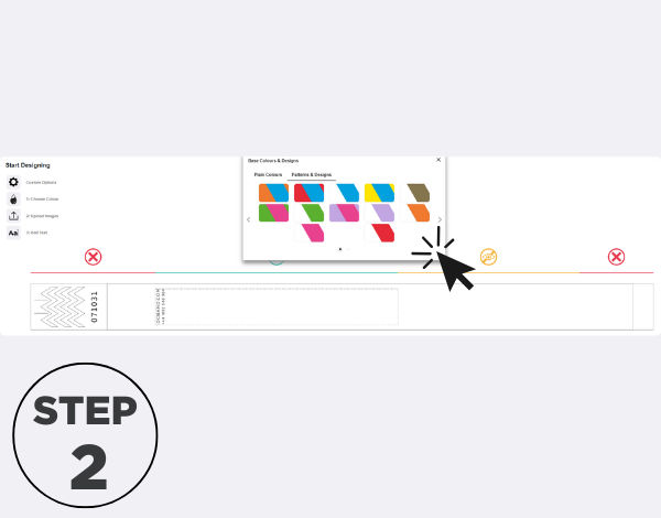 Digital wristband designer tool showing colour and pattern selection interface, demonstrating the second step of customising wristbands with branding and colours
