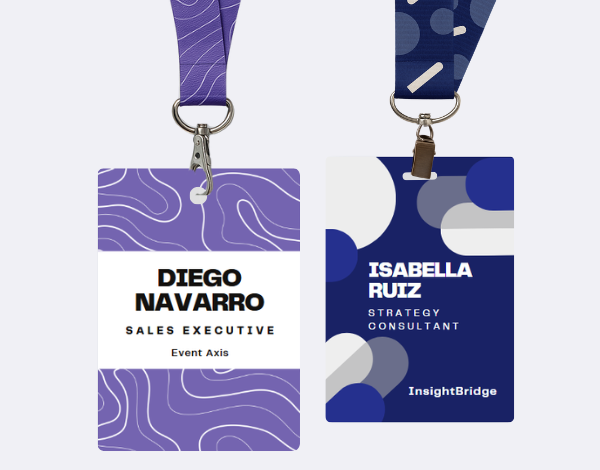 Two full-colour plastic name badges on purple lanyards with professional branding for business and conference use