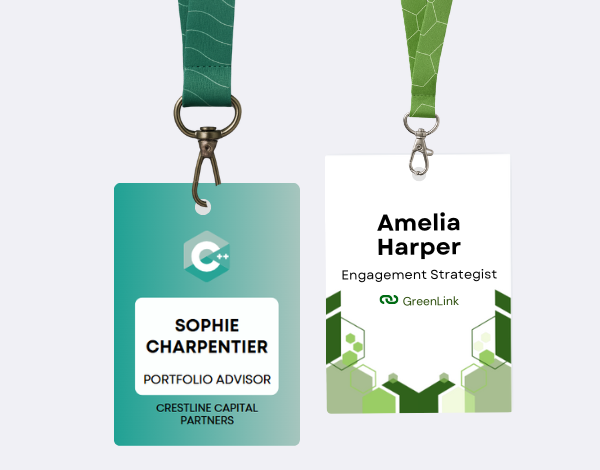 Two eco-friendly name badges attached to green and teal lanyards, featuring minimalist, recyclable badge designs made for sustainable events
