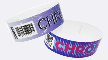 Two barcoded wristbands with bold &ldquo;CHROMA&rdquo; , designed for secure event access and crowd control using scannable printed codes