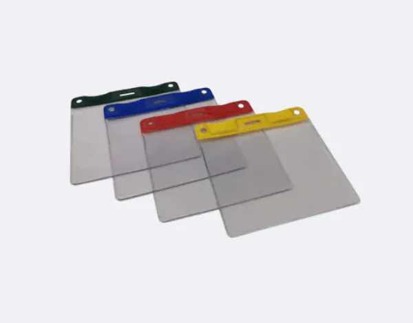 Set of five transparent lanyard wallets with coloured tops in red, yellow, green, blue, and black for easy badge identification and event branding