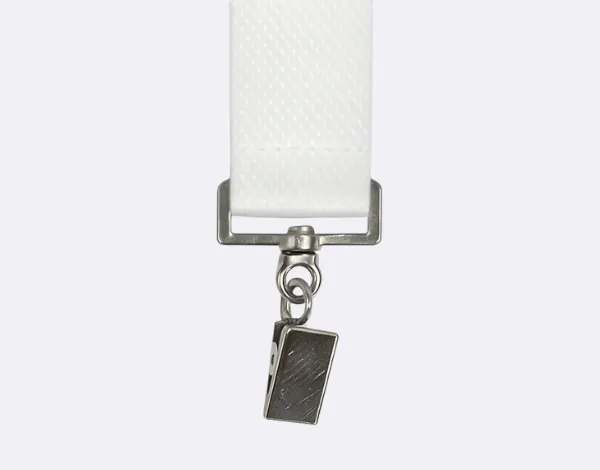 Crocodile clip on a white lanyard with metal clasp, offering a secure grip for name badges or small cards