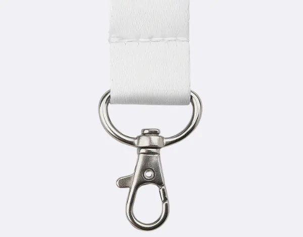 Standard dog clip attachment on a white lanyard, featuring a metal swivel hook suitable for holding ID cards, badges, or passes
