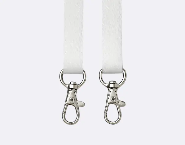 White lanyard with dual metal dog clips for balanced badge support, designed to keep ID holders front-facing and secure at professional events