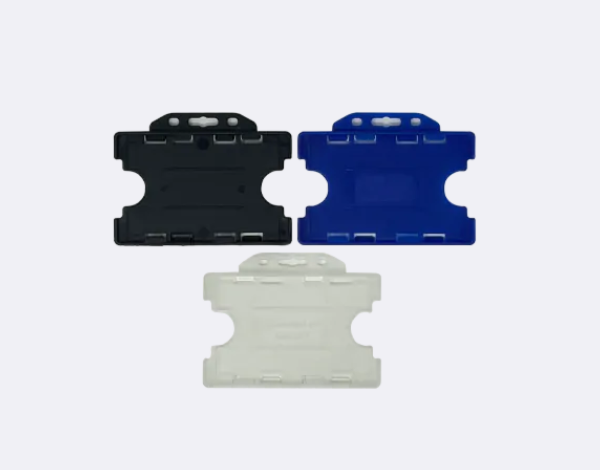 Set of three double-faced rigid ID card holders in black, blue, and frosted colors, designed to hold two badges or access cards simultaneously