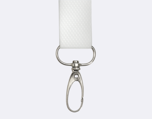 Lobster clip on a white lanyard with metal trigger clasp, offering flexible movement for holding badges or multiple ID cards