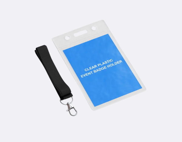 Clear plastic event badge holder with a black lanyard attachment, suitable for conferences and ID display