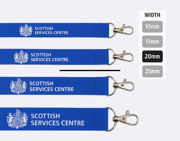Four blue polyester lanyards labelled &ldquo;Scottish Services Centre&rdquo; with metal clips, shown in different widths (10mm, 15mm, 20mm, 25mm) for customisation options