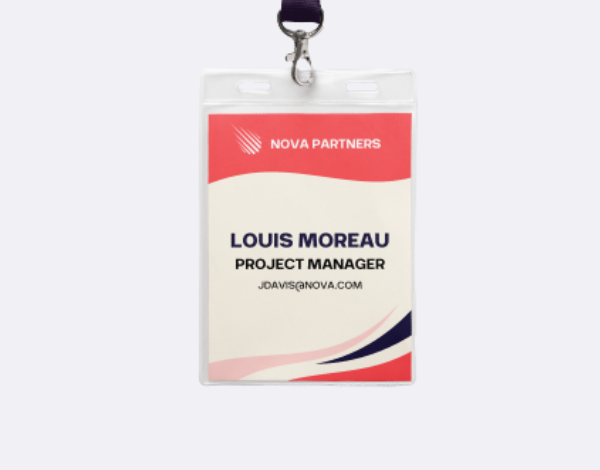 Clear PVC badge holder with a red top and custom name insert, attached to a lanyard for professional ID display at events or conferences