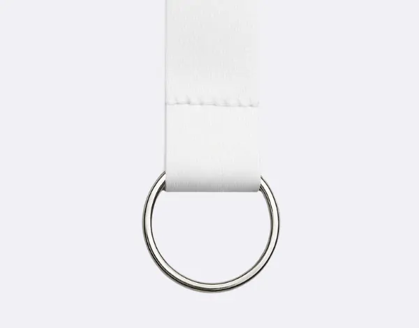 Metal split ring attachment on a white lanyard, designed to hold multiple ID cards or badges securely