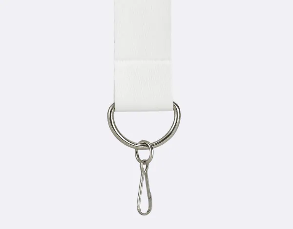 Tension clip on a white lanyard with a rounded metal ring and lightweight wire hook, ideal for temporary badge or pass attachment