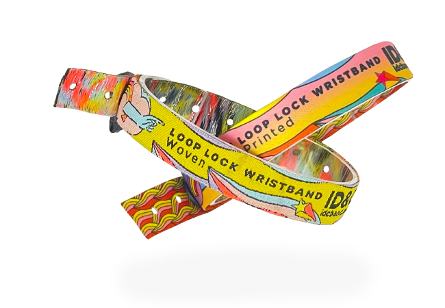 Showcasing a colourful woven wristband with a loop lock for festival season 